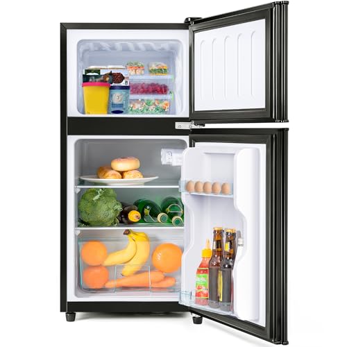 Frigorífico-congelador combinado doble puerta 60 litros volumen de congelación: 22 litros volumen de enfriamiento: 38 litros 102 kWh/año iluminación LED mininevera para dormitorio color negro.