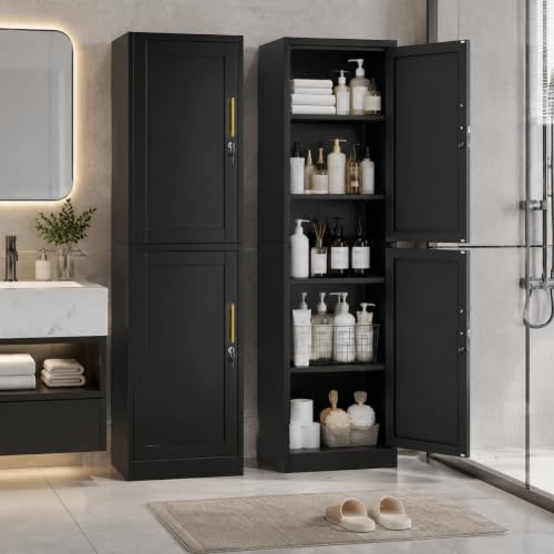 Image of Metal Locker Storage Cabinet Tall Narrow Storage Cabinets with 3 Adjustable Shelves and for Home Office, Living Room, Dining Room (Black 2 Door)