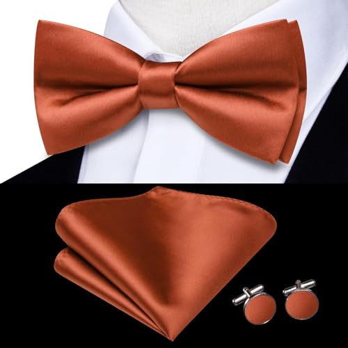 Image of Hi-Tie 5Pcs Mens Solid Color Silk Tie Satin Pretied Bowtie Lapel Pin for Men Handkerchief Cufflink Wedding Gift Box