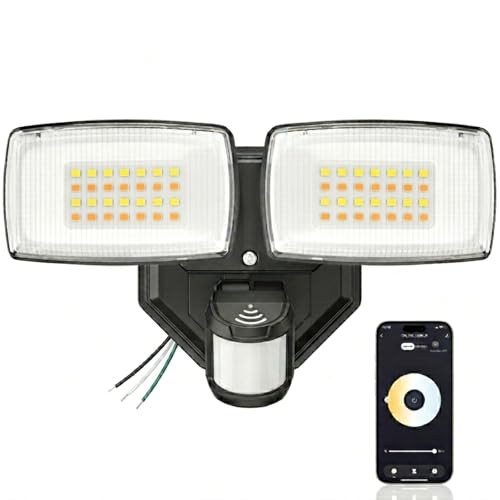 Onforu 32W 3200LM Smart Outdoor Security Light WiFi Motion Sensor Flood Light with App Control Compatible with Alexa Hardwired 2-Head LED Flood Light 2700K-6500K IP65 Waterproof Black