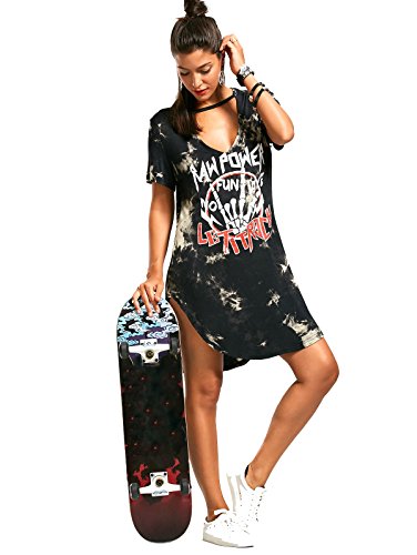 ZG&DD Women's Deep V Neck Short Sleeve Ruched Lace Up Front Skull Punk Print Dress
