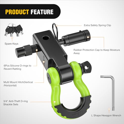 Image of Nilight Anti-Theft Shackle Hitch Receiver 2Inch 45000 LBs Breaking Strength 3 /4 inch Anti-Theft D Ring Shackle 5 /8 inch Trailer Hitch Lock Pin Heavy Duty Solid Towing Kit for Trucks Off Road(Green&Black)