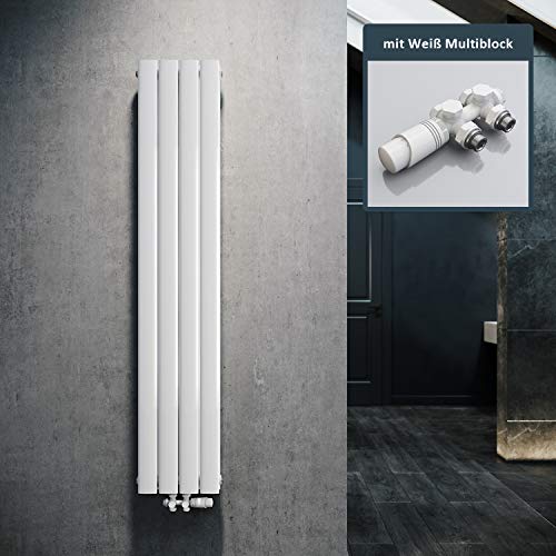 Radiateur plat design élégant - 1600 x 308 mm - Avec thermostat multibloc blanc - Double couche - Raccordement central