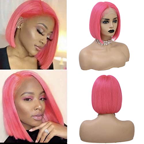 BHL Pink Bob Straight Wigs Human Hair T Part Lace Front Wigs China Virgin Hair Pre Plucked 13x1x4 Lace Front Wigs for Women 150% Density Pre Plucked with Baby Hair Pink Wigs (10 inch, Rose Pink)
