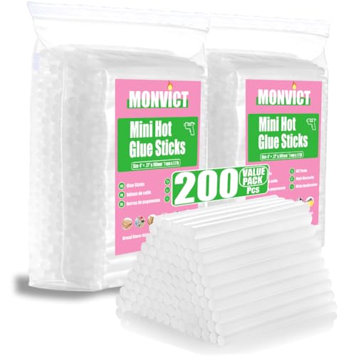 MONVICT paquet de 200 Mini Sticks à colle chaude avec 4" Longue 0.27” Diamètre, Craft Colle chaud Colles toutes les fins Colles de colle chaud pour la plupart des pistolets à colle, Colles claires pour DIY, Arts & Artisanat 4" Longue 0.27” Diamètre , Pâtes de colle fondues chaudes artisanales , Tous les purp