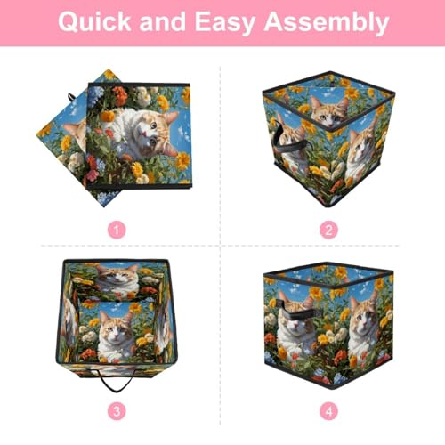 Bac de rangement cube pliable avec poignées cuir motif chat et fleur
