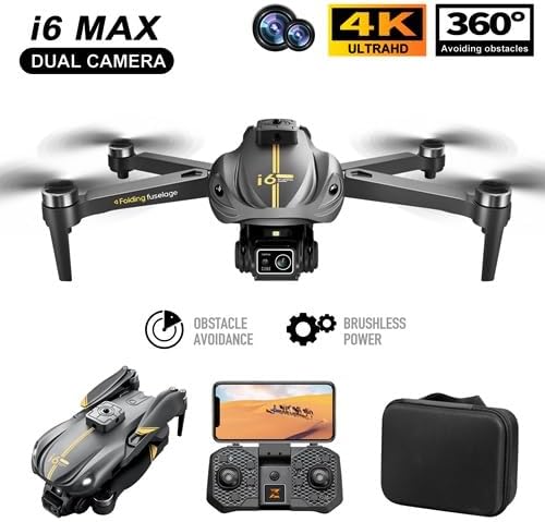 I6 MAX drone unfolded, showing its dual camera, obstacle avoidance, and brushless power features.