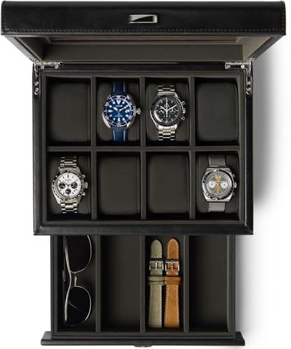 TAWBURY Watch Box for Men - 8 Slot Watch Case with Storage Drawer, Real Glass Display and Extra Wide Pillows for Large Watches (Black/Charcoal)