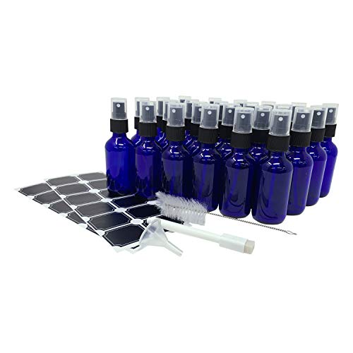 Mockins 24 Pack Blue 2 Oz Spray Glass Bottle | The Blue Misting Glass Bottles Includes Sprayers & a Funnel and Brush with Bonus Labels to Easily Identify it's Contents