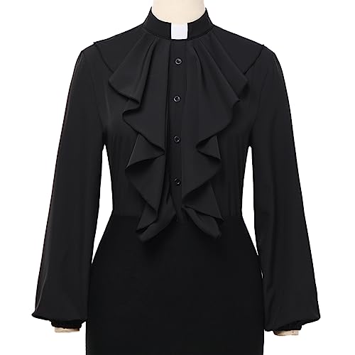 Womens Church Clergy Shirt Tab Collar Elastic Cuff Long Sleeve Lotus Ruffled Blouse Top3