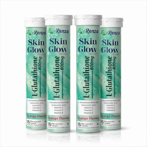 Image of Skin Glow L-Glutathione 600mg Effervescent Tablets | With Hyaluronic Acid, Vitamin C, E & A | Skin Brightening & Antioxidant Support | Orange Flavour | 15 Tablets (Pack of 4)