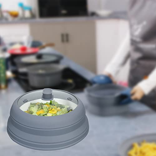 Microwave Cover For Food Collapsible Plate Cover Lid With Easy Grip Handle Safe Tempered Glass & Silicone Pot Cover Splatter Heat Resistant Cover Guard Anti Splash Microwave Cover 10.5 Inch（Grey) #TOP6