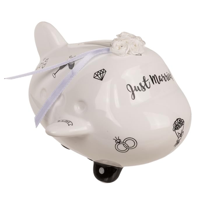 MIJOMA Salvadanaio per matrimonio a risparmio di matrimonio: salvadanaio originale con lucchetto, Just Married in ceramica, perfetto per coppie sposate e volpi (aereo nuziale