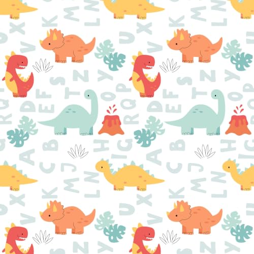 Image of LORETO - A QUALITY LINEN BRAND 144 TC 100% Pure Cotton Double /Queen Fitted Bedsheet with 2 Pillow Covers for 72 x 60 Inch, All-Around Elastic, 8 Inch Deep Pocket, Orange & Mint Alphabet Dino Play