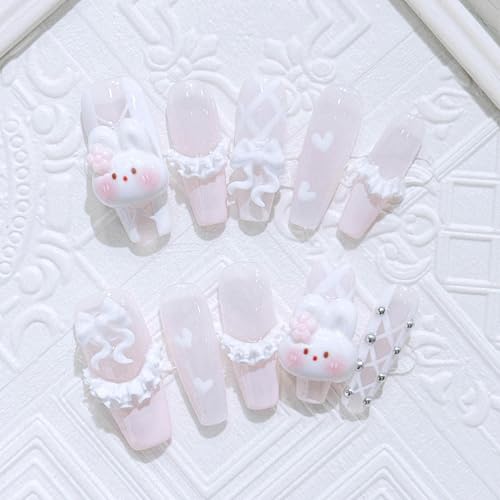 10個入り かわいいウサギの長いプレスオンアクリルネイル ハンドメイドつけ爪 バレリーナ チャーミングネイル 棺型 3Dフレンチつけ爪デコレーション(Beige,M)
