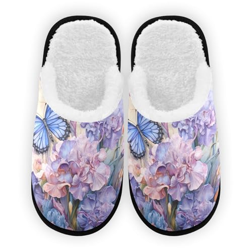 Butterfly Flowers Plush Slippers for Women Men Warm Comfortable Travel Spa Slipper Non-slip House Shoes