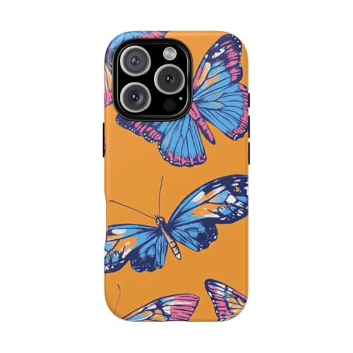 Coque iPhone 16 Pro papillons bleus et roses orange mat