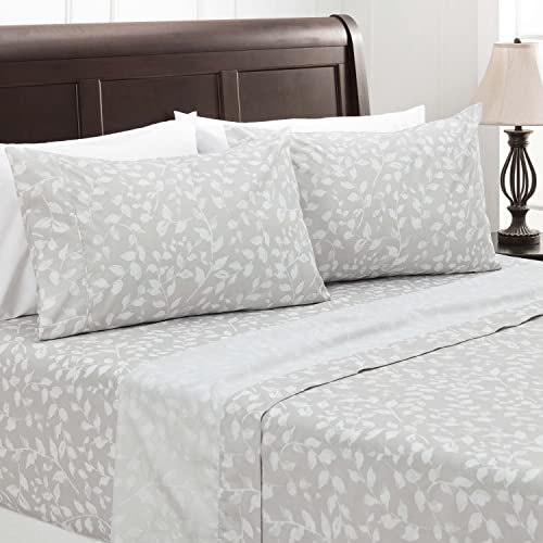 Chanasya Printed Queen Bed Sheet Set 4-Piece - Ultra Soft Floral Leaves Print - 1 Flat Sheet 1 Fitted Sheet 2 Pillowcases - Wrinkle Fade Stain Resistant Hypoallergenic Microfiber Sheets - Gray - Queen #TOP1