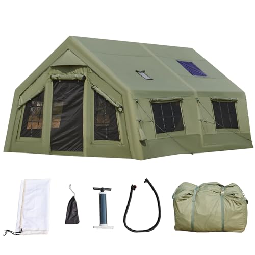 YOLENY 16x12FT Inflatable Camping Tent with Movie Screen, Pump, Stove Jack& A/C Port, Easy Setup, 4 Season Glamping Tent for 8-12 Person, Green