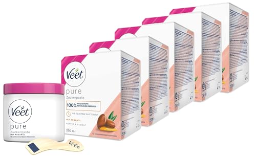 Veet Sugaring Zuckerpaste mit Arganöl zur Haarentfernung für spürbar glatte Haut für bis zu 4 Wochen, 5 x 250 ml