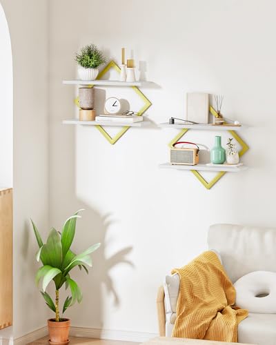 Image of CHOEZON Floating Shelves for Wall, Set of 2 Wall Mounted Shelves, 2-Tier Hanging Shelves, for Living Room, Bedroom, Kitchen, Office, Study, Gold and White TBJ01P2JW