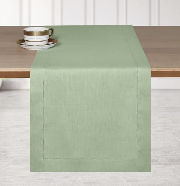 D'Moksha HomesLinen Table Runner 14 x 72 Inch - 100% Pure Linen Classic Hemstitch Sage Green Table Runner - Machine Washable Farmhouse Table Runner