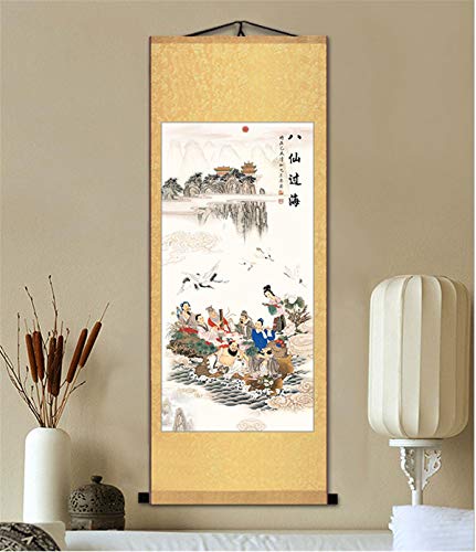Zzooi Chinese Taoism Painting Art The Eight Fairies Wall Art Hanging Silk Scroll,Eight Immortals Crossing The Sea #TOP4
