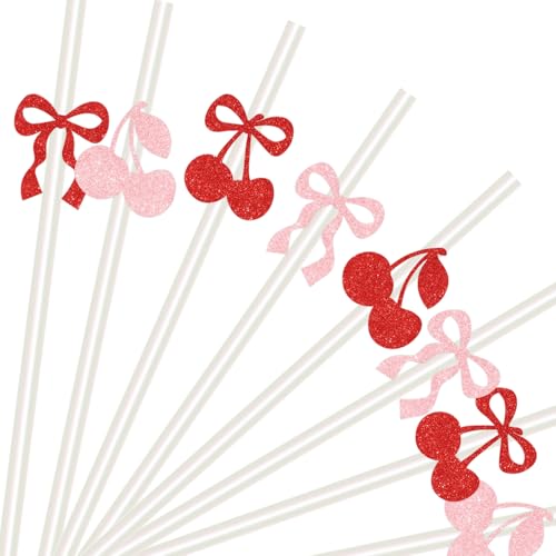 Pitillos de papel con diseño cereza y purpurina, pack 50 miniatura 1