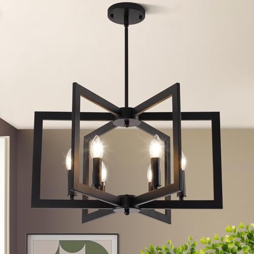 21.6' Black Farmhouse Chandelier,6-Light Geometric Dining Room Fixture,Modern Industrial Foyer...
