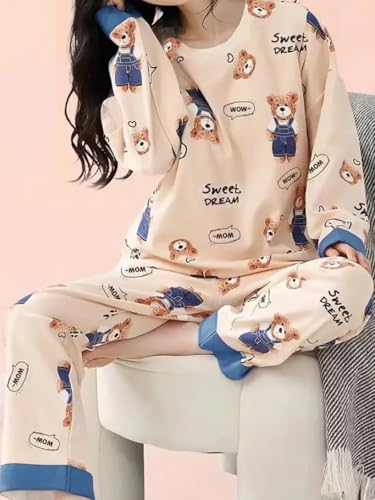Image of Louis Luxe Womens Korean Night Dress || Full Pyjama Set || Korean Nightsuit || Women Nightwear ||Round Neck Full Sleeve Nightsuit || Loungewear || Everyday Nightdress (ND-02)