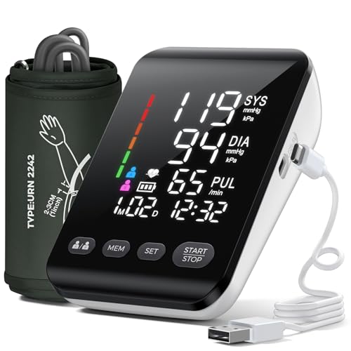 Misuratore di Pressione, Misuratore Pressione da Braccio Con schermo Retroilluminato a LED ad alta Risoluzione, per Circonferenza del Braccio da 22 a 42 CM, Memorizzazione di due Utenti 2 x 199