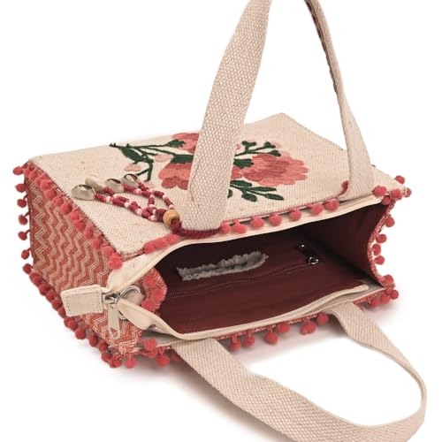 Image of Boho Girl Marigold Mini Tote Bag | Floral Embroidered Hand Bag with Pom-Poms & Tassel |Handbag, Shoulder Bag, Shoulder Women Bag with Inside Pocket | Jacquard Canvas Material