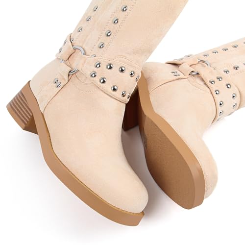 Richealnana Women's Motorcycle Boots Studded Faux Suede Biker Riding Chunky Heel Round Toe Moto Boots3