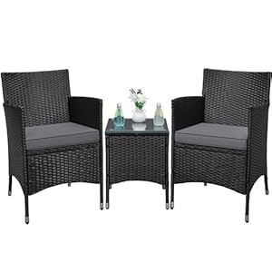 Yaheetech 3-Piece Patio Furniture Set, Patio Conversation Set PE Wicker Chairs w/Coffee Table & Cushions for Outdoor/Indoor/Backyard/Porch – Black/Grey