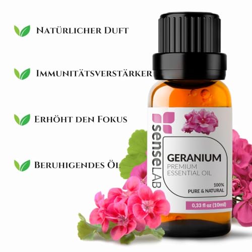 Ätherisches Geranienöl SenseLAB - 100% Reines, Natürliches Geranienöl Für Den Therapeutischen Einsatz - Für Diffuser und Luftbefeuchter - Hautpflegeöl - Ein Entspannendes Und Beruhigendes Öl (10 ml)