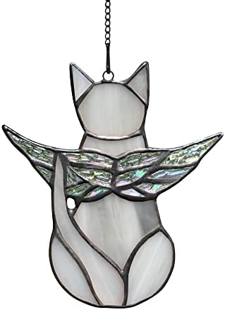 BOXCASA Angel Cat Memorial Gifts,Angel Wing Cat Iridescent Stained Glass Window Hangings,Gray Cat Suncatcher Gifts for Cat Lovers,Loss of Cat Sympathy Gift,Cat Loss Memorial Gift for Women