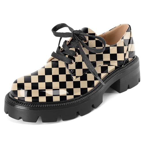 Soireelady Mary Jane Halbschuhe Plateau Damen Rundkopf 5cm für Schule/Office/Täglicher Einsatz Kariert Beige EU39