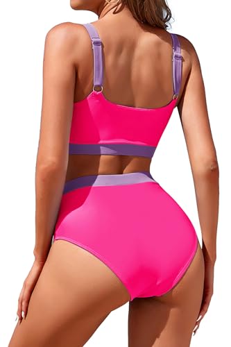 Image of Womens High Waisted Bikini Sets Sporty Crop Top Color Block Swimwear Bandeau Scoop Neck Vintage Two Piece Bathing Suits