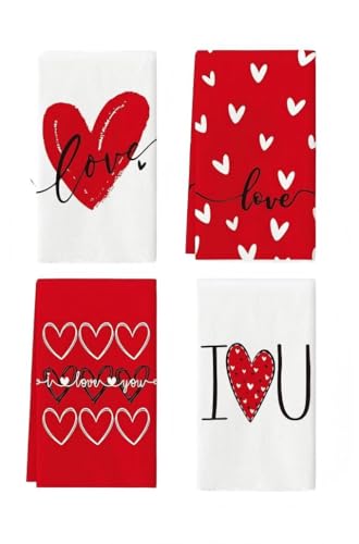 Lxdzsm Valentines Day Kitchen Towels with Red Hearts - Love Themed Dish Cloths and Hand Towels for Cooking Supplies & Bathroom Use 16x24 Inch Set of 4 Perfect for Anniversary and Wedding Decoration