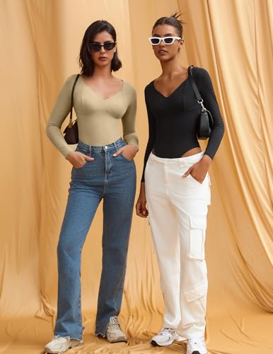 Avidlove Bodysuit for Women Long Sleeve Double Lined Tank Top V Neck Bodysuit Tummy Control Shapewear4