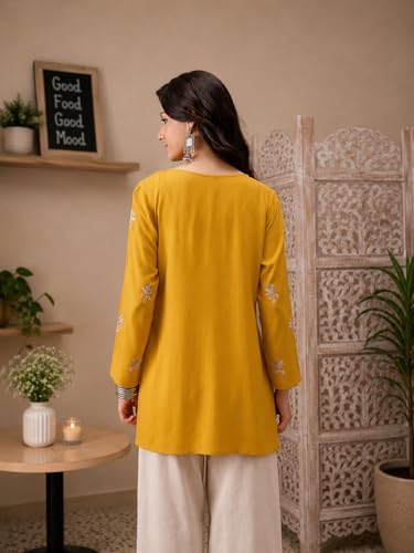 Image of QAZMI Women's Zayesha Aari Embroidered Viscose Rayon A-Line Flared Short Kurti