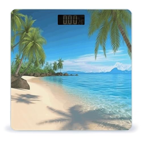 Báscula digital para baño con diseño playa hawaiana y palmeras