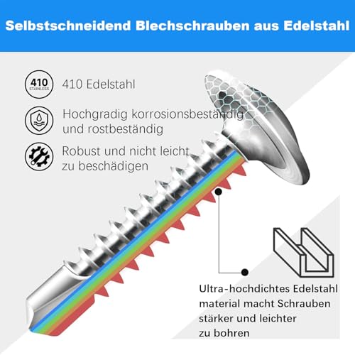50 Stück Blechschrauben 4,2 x 19 mm, Bohrschrauben, Selbstschneidende Schrauben Edelstahl, Kreuzschlitzschrauben, mit Schraubendreher Bit