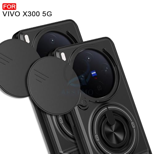 Image of AESTMO Vivo X300 5G Back Cover | Armor Camera Slider 360 Degree Rotating Finger Ring Holder Case with Bracket Stand Back Case Cover for Vivo X300 5G (Compatible with MagSafe Wireless Charging)(Black)