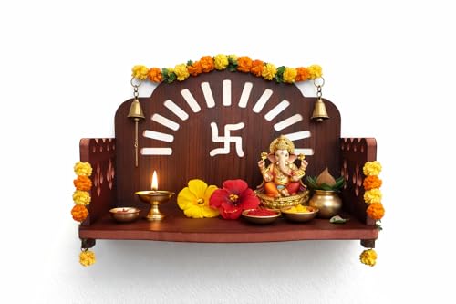 Image of Wooden Pooja Mandir for Home & Office - Mini Pooja Stand for Wall Hanging | Small Wood Temple for Desk & Shelf | Compact Devghar for Home Wall Mounted & Tabletop (8.5 x 6 x 5.5 Inch, Brown)