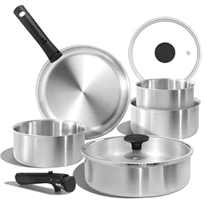 CAROTE Pots and Pans Set, Stainless Steel Cookware Set Detachable Handle, 9pcs Induction Kitchen Cookware Sets with Removable Handle, RV Cookware Set, Oven Safe