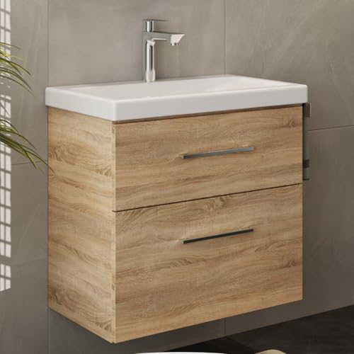 Planetmöbel Badmöbel Set Waschtisch mit Unterschrank 63 x 60 x 36,5 cm, moderner Waschbeckenunterschrank für Badezimmer, Gäste Bad & WC, Sonoma Eiche