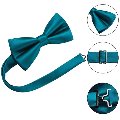 Image of Hi-Tie 5Pcs Mens Solid Color Silk Tie Satin Pretied Bowtie Lapel Pin for Men Handkerchief Cufflink Wedding Gift Box