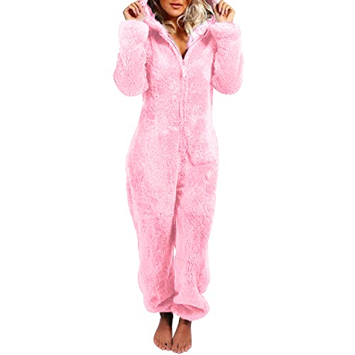 Petalum Combinaison Pyjama Femme Barboteuse Polaire Capuche Vêtement Nuit Adulte Costume Chaud Loungewear Douce Onesie Pajama Women Sleepwear Jumpsuit Pilou Pilou (Rose, Taille 42(XL)) Cover