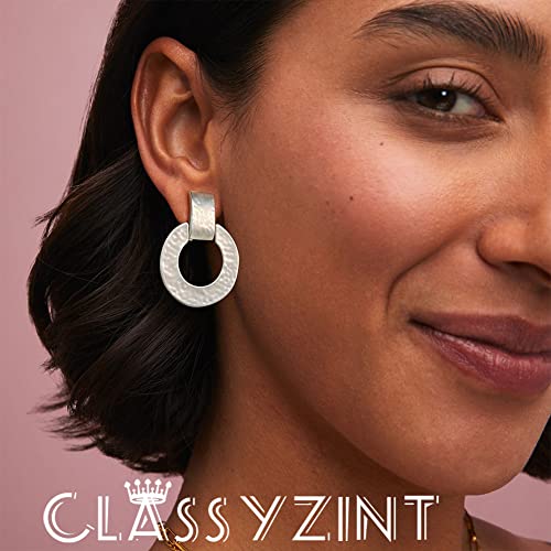 Classyzint Matte Silver Clip On Earrings For Women Handmade Hammered Metal Statement Geometric Drop Dangle Earrings Silver Statement Earrings #TOP1